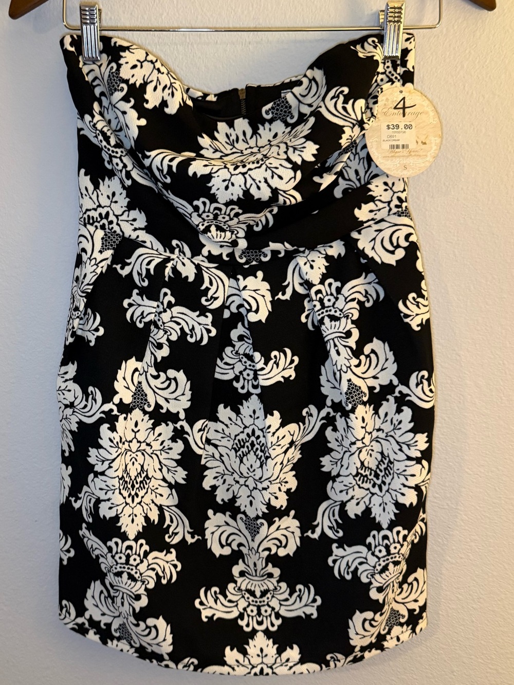 Sage Black and White Strapless Damask Sheath Dress